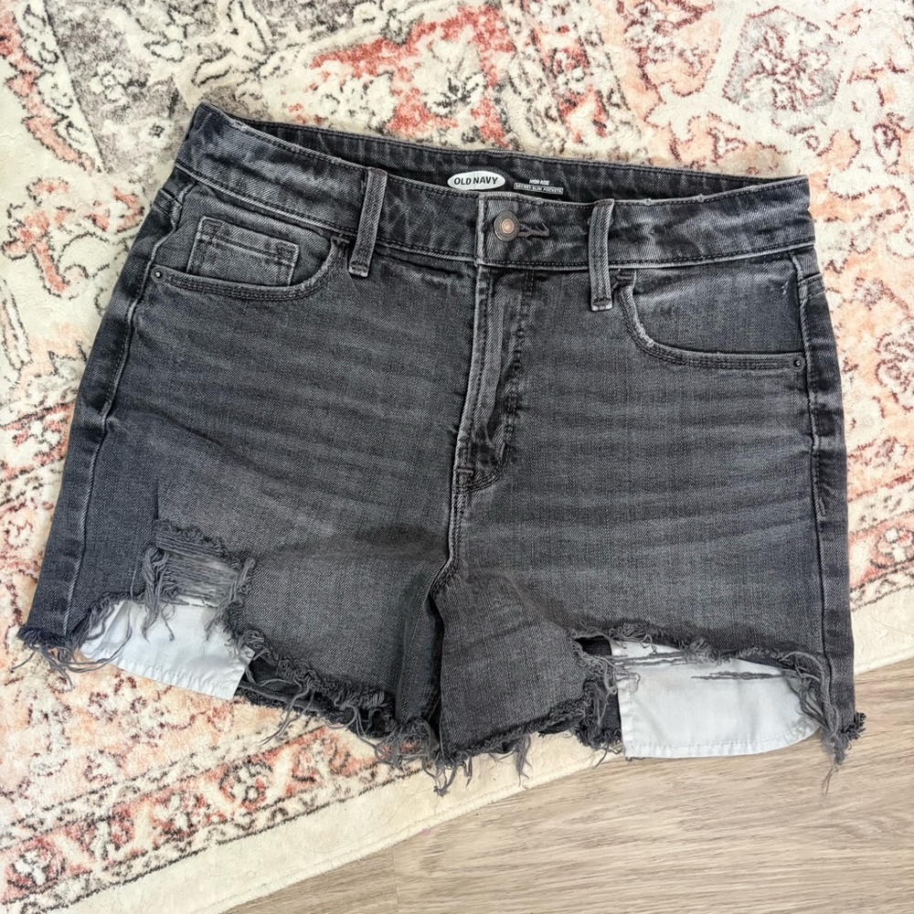 Old Navy Black Washed Distressed Denim Mid Rise Shorts